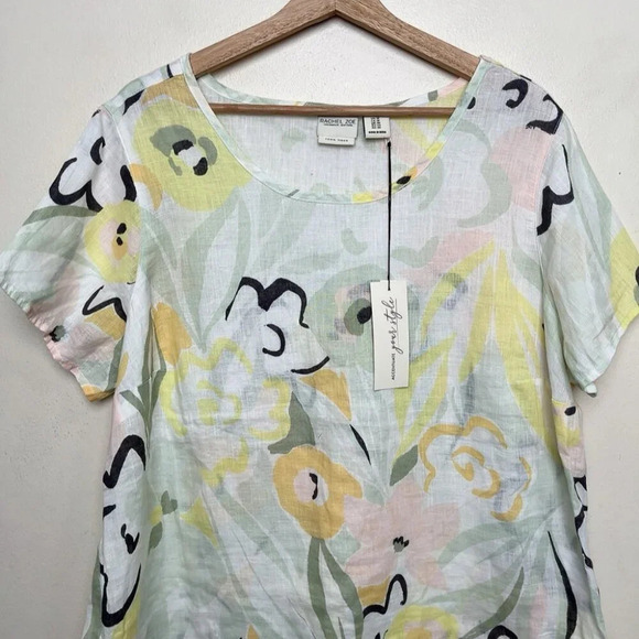 Rachel Zoe Womens 1X Linen Non Stretch Short Sleeve Floral Blouse - Picture 2 of 11